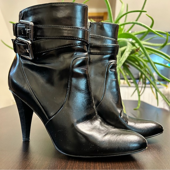 Calvin Klein Cambria Black Zip Ankle High Heel Boots with Buckle | Size 6.5 | - Picture 9 of 14
